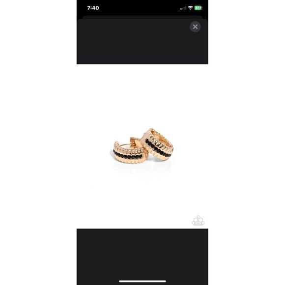 Paparazzi Serrated Shimmer Hoop Earrings Gold Black Stripe Textured Hinge New - Picture 2 of 2